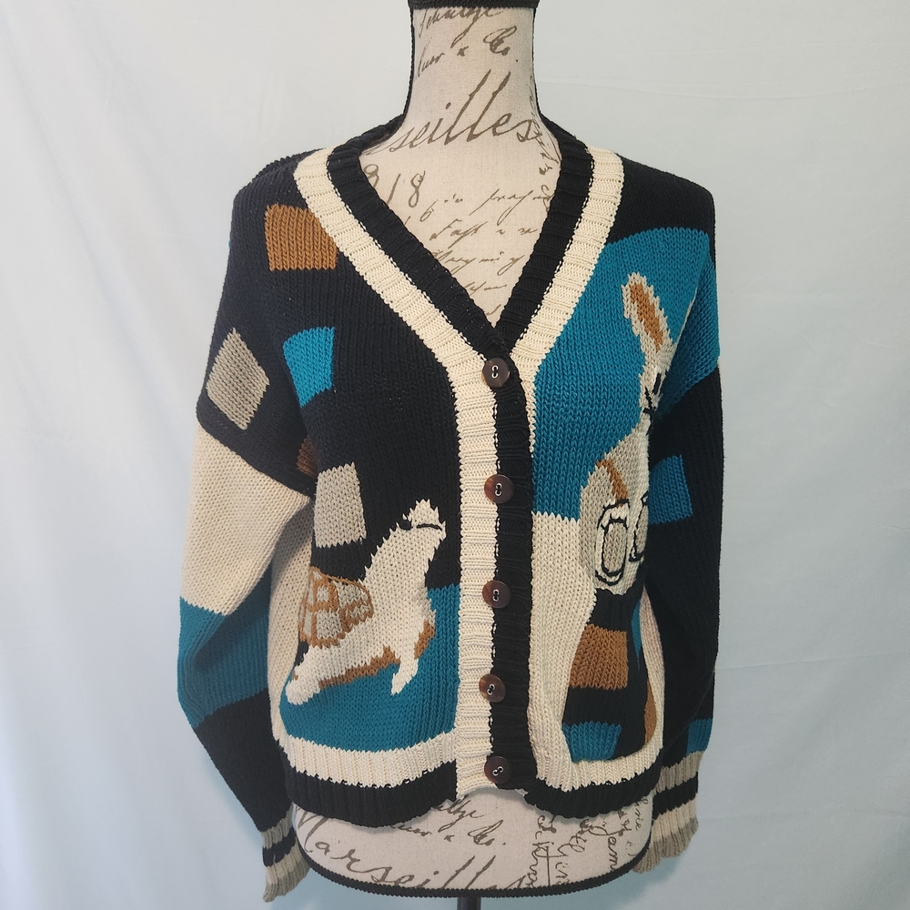 Lisa Nichols Vintage 1988 Knit Cardigan Sweater. Rabbit. Turtle.Size Medium.